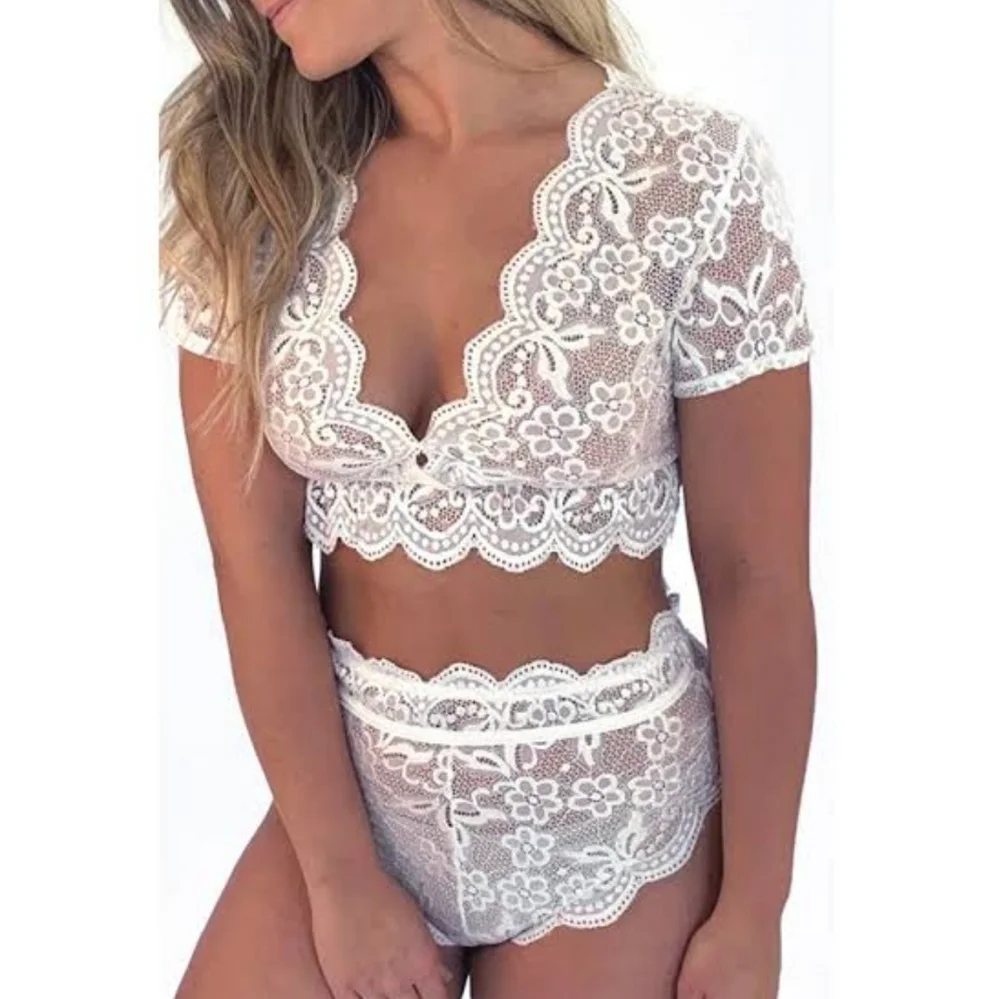 Women Sexy Lace Lingerie set  2 pcs Nightwear Black Babydoll Underwear crop top - Picture 4 of 4